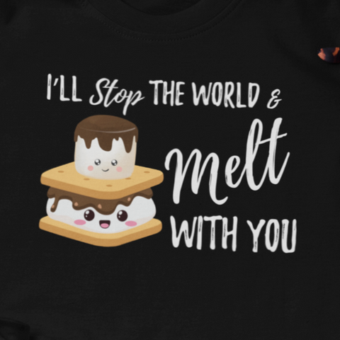 Close up of t-shirt with cartoon graphic of a S'more and a Toasted Marshmallow covered in chocolate with the lyrics from the Modern English song "I'll Stop The World and Melt With You."