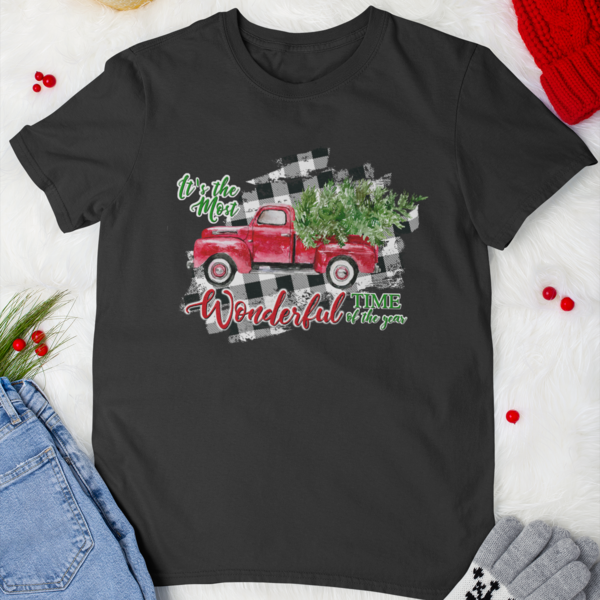 CHRISTMAS TRUCK Black Plaid or Animal Print - Tshirt